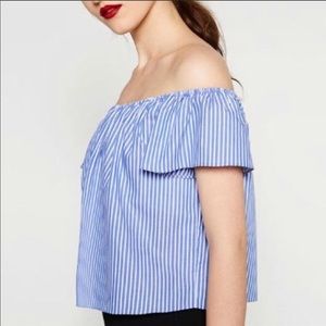 -NWT- Zara blue and white off shoulder top